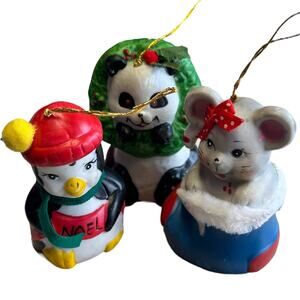 Vintage Porcelain Bells Christmas Holiday Ornament Bundle Mouse Penguin Panda